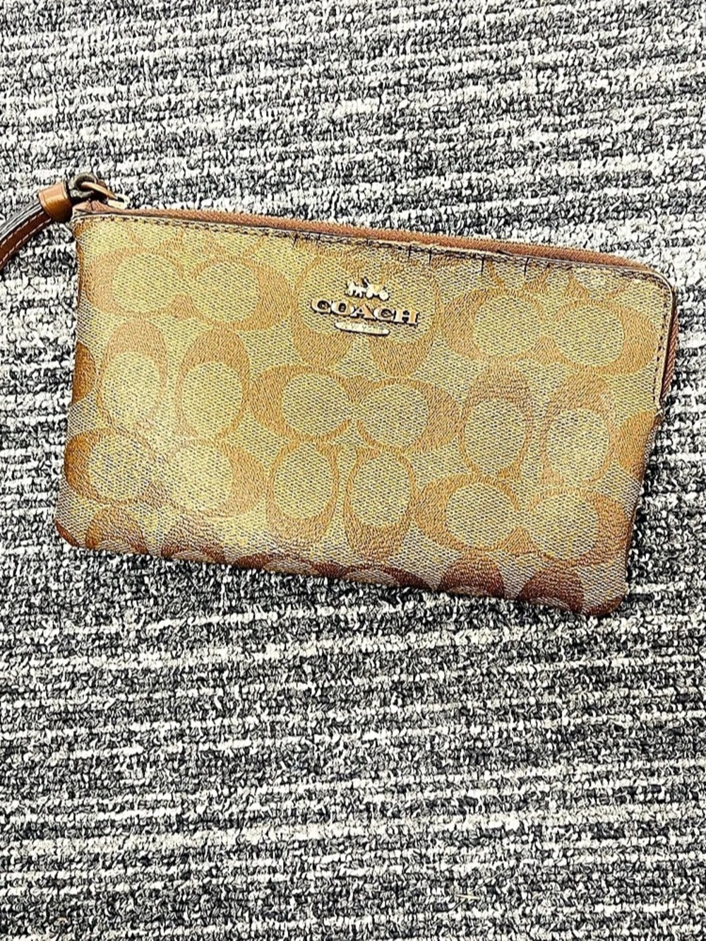 Coach Corner Zip Wristlet In Signature Canvas Brown & Tan